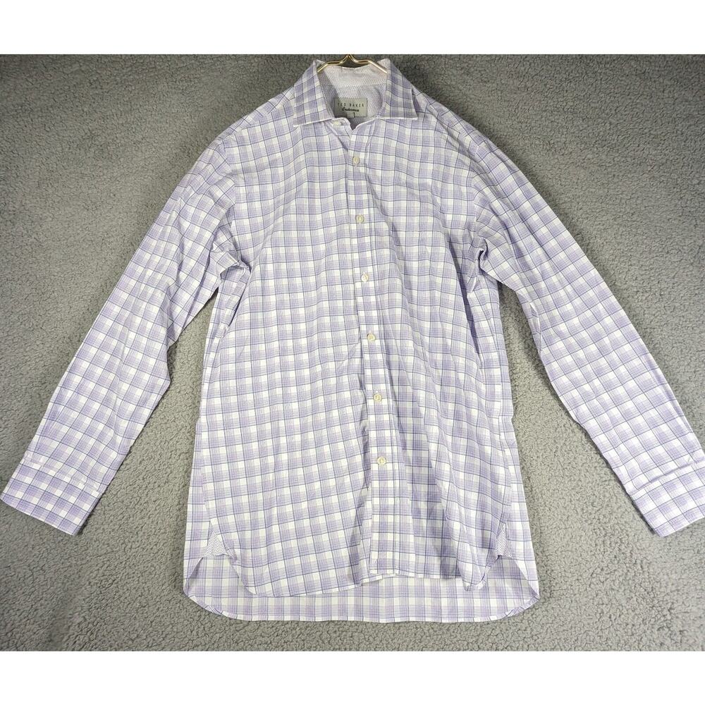Ted Baker Shirt Mens Size 15.5 32/33 Purple White Checked Casual Button Down